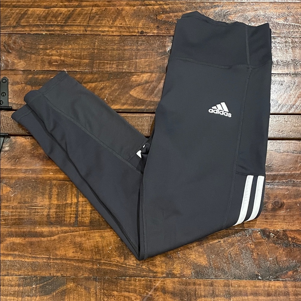 adidas Black Leggings with White Logo and Stripes